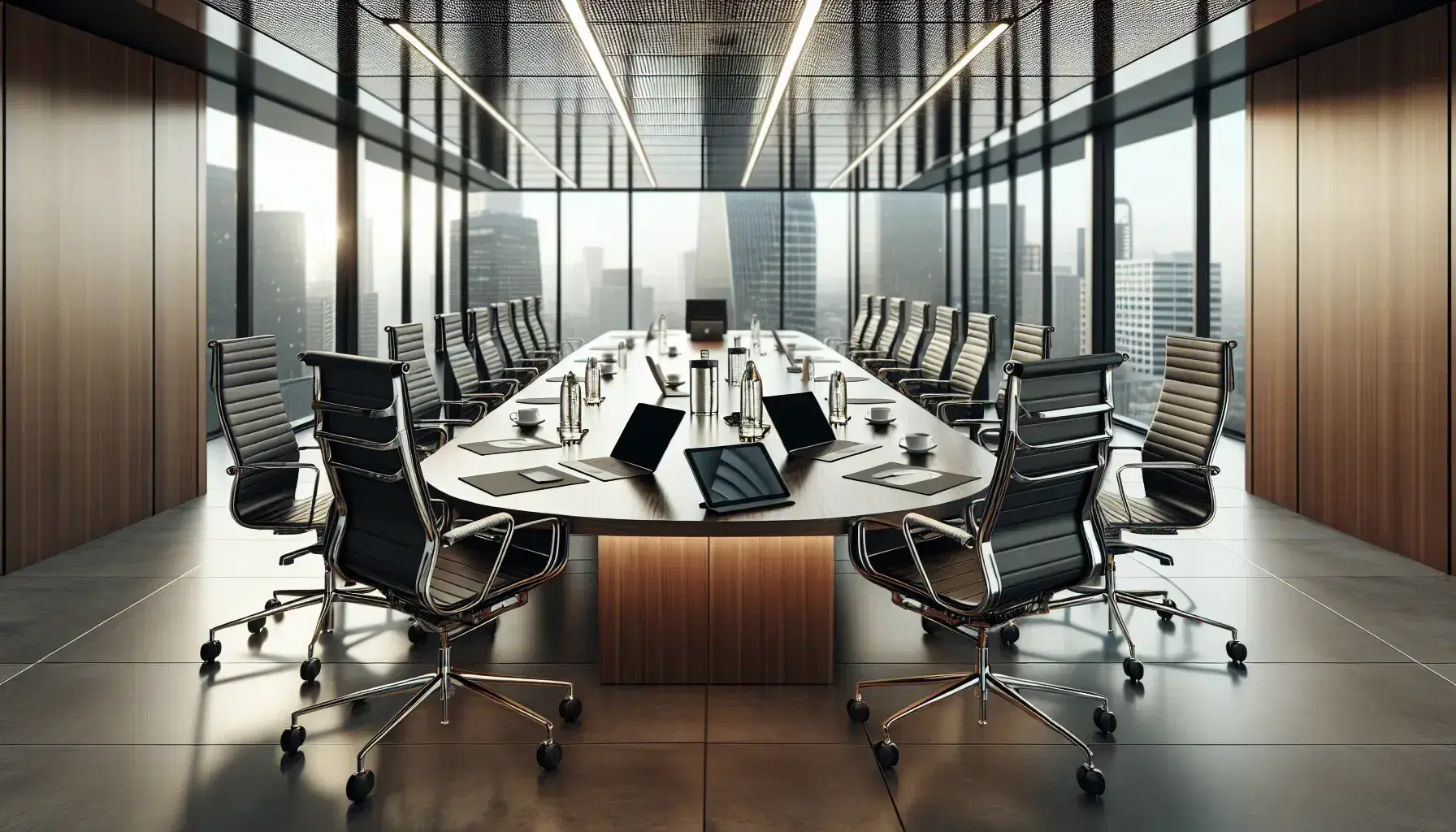 Modern corporate meeting room with oval wooden table, ergonomic chairs, laptops, tablets, water bottles, coffee mugs, and a cityscape view through a large window.