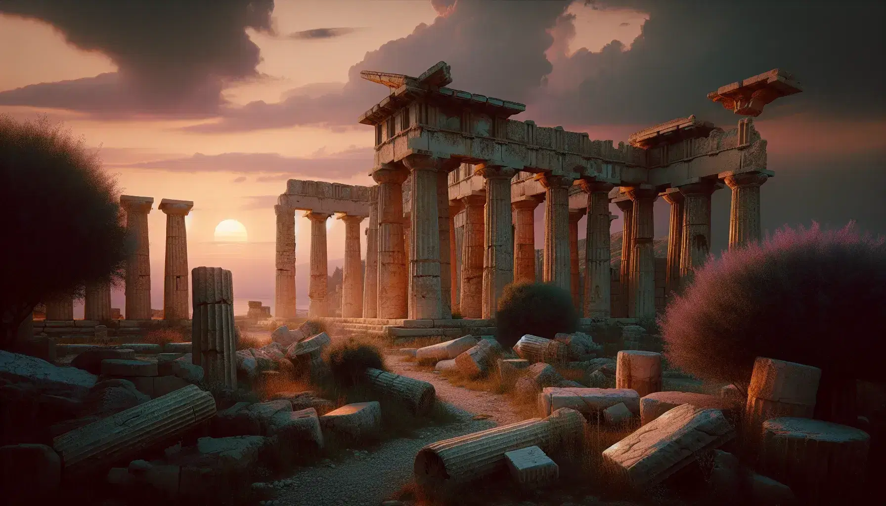 Rovine di un tempio greco antico al tramonto con colonne erose e cielo sfumato arancione-rosa, senza persone o animali visibili.