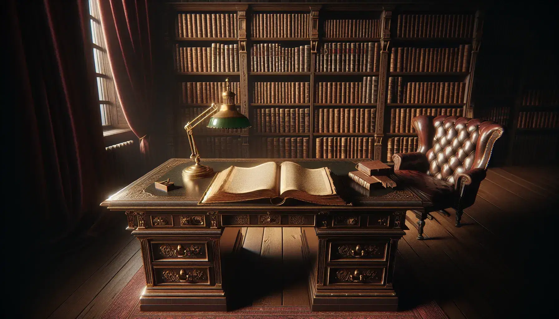 Vintage study room with a dark wooden desk, open leather-bound book, antique brass lamp, bookshelf with leather books, and a high-back leather armchair.