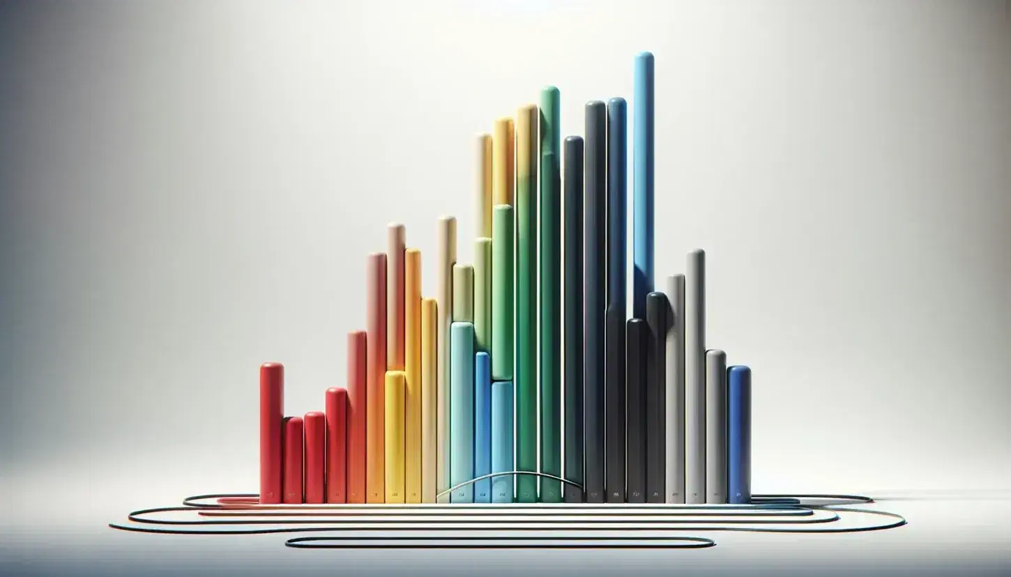 Gráfico de barras verticales en degradado descendente con colores variados sobre fondo blanco y línea curva gris siguiendo la tendencia.