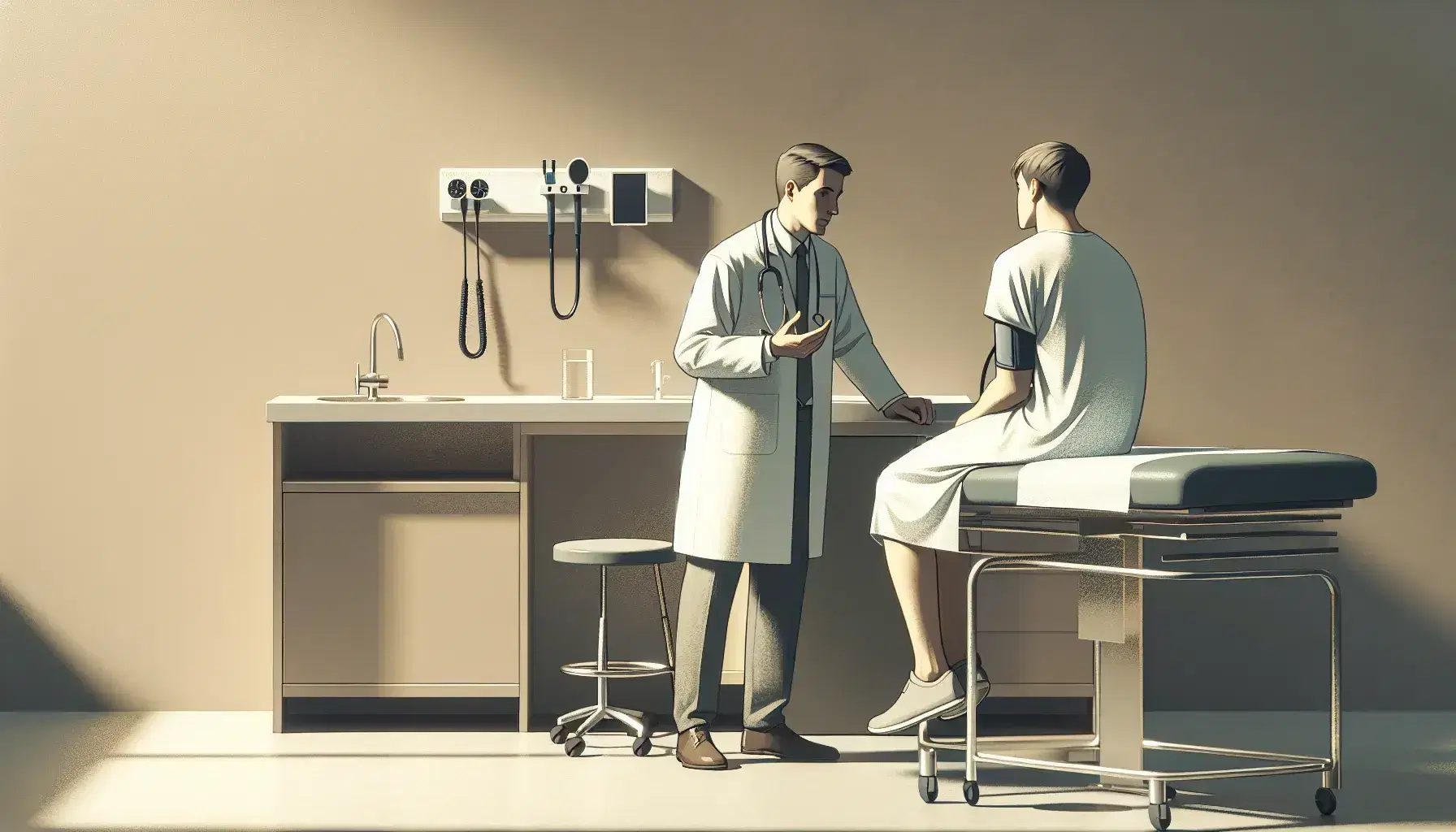 Doctor consulting with attentive patient in a medical office, featuring a stethoscope, examination table, and medical equipment in a clean, well-lit room.