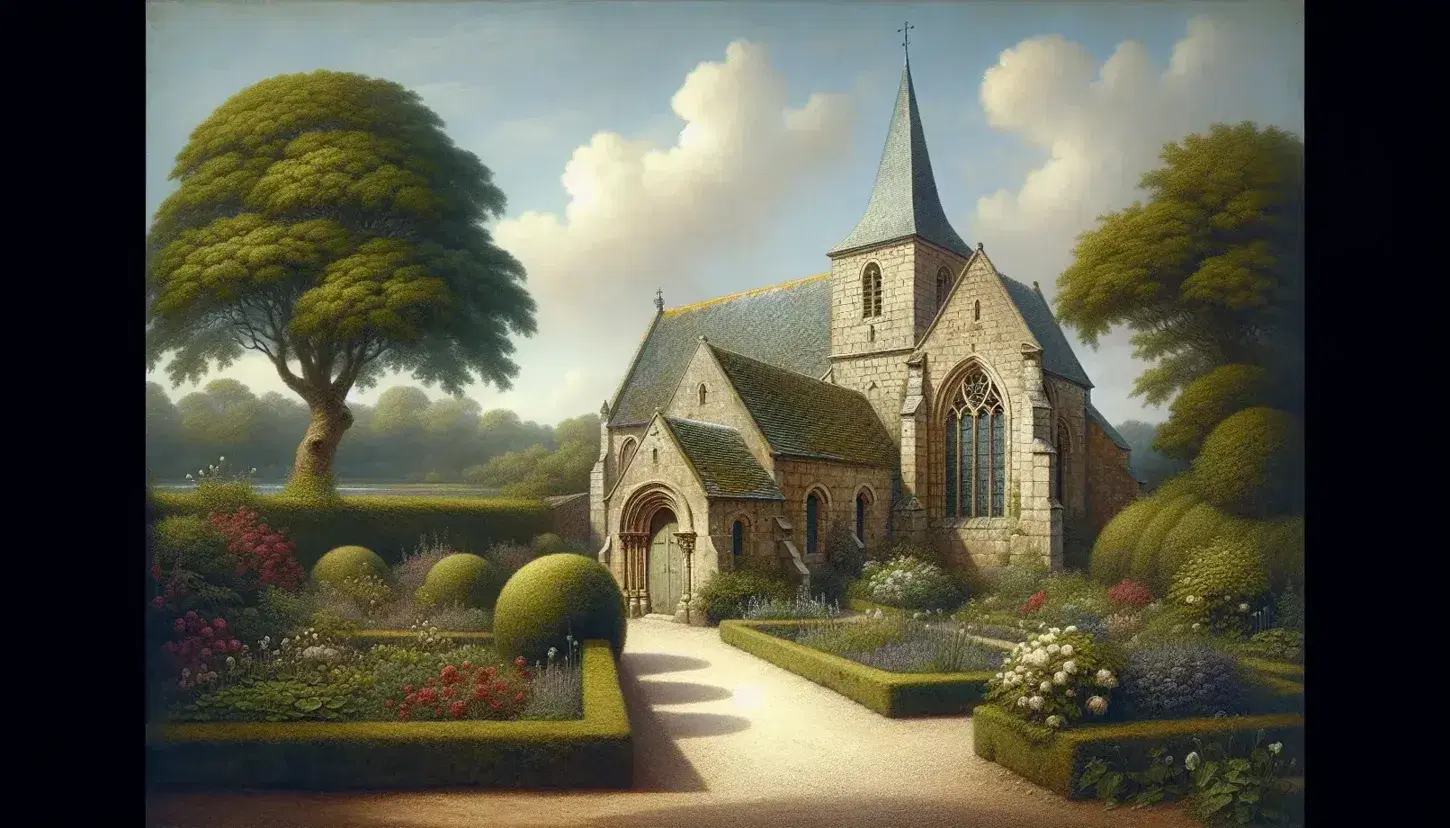 Serene Huguenot stone church with slate roof and pointed spire, surrounded by a vibrant garden and shaded by a leafy tree under a clear blue sky.