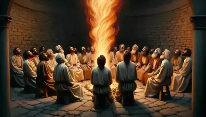 Rappresentazione artistica della Pentecoste con dodici uomini seduti in cerchio, lingue di fuoco sopra di loro, e un uomo con chiave d'oro al collo.