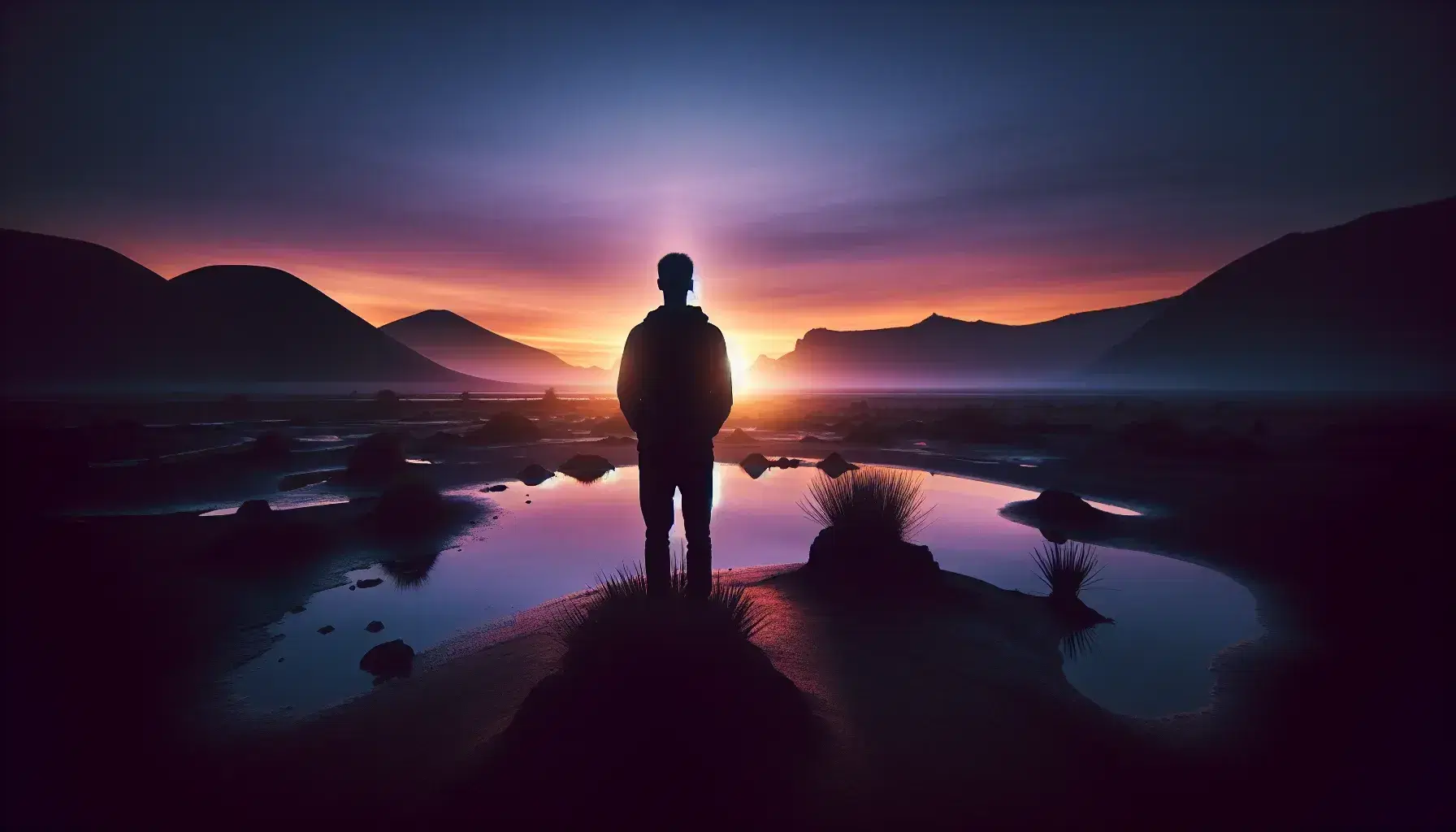 Silueta humana contemplando el horizonte montañoso bajo un cielo de tonos cálidos que reflejan en un cuerpo de agua tranquilo, evocando serenidad y reflexión.