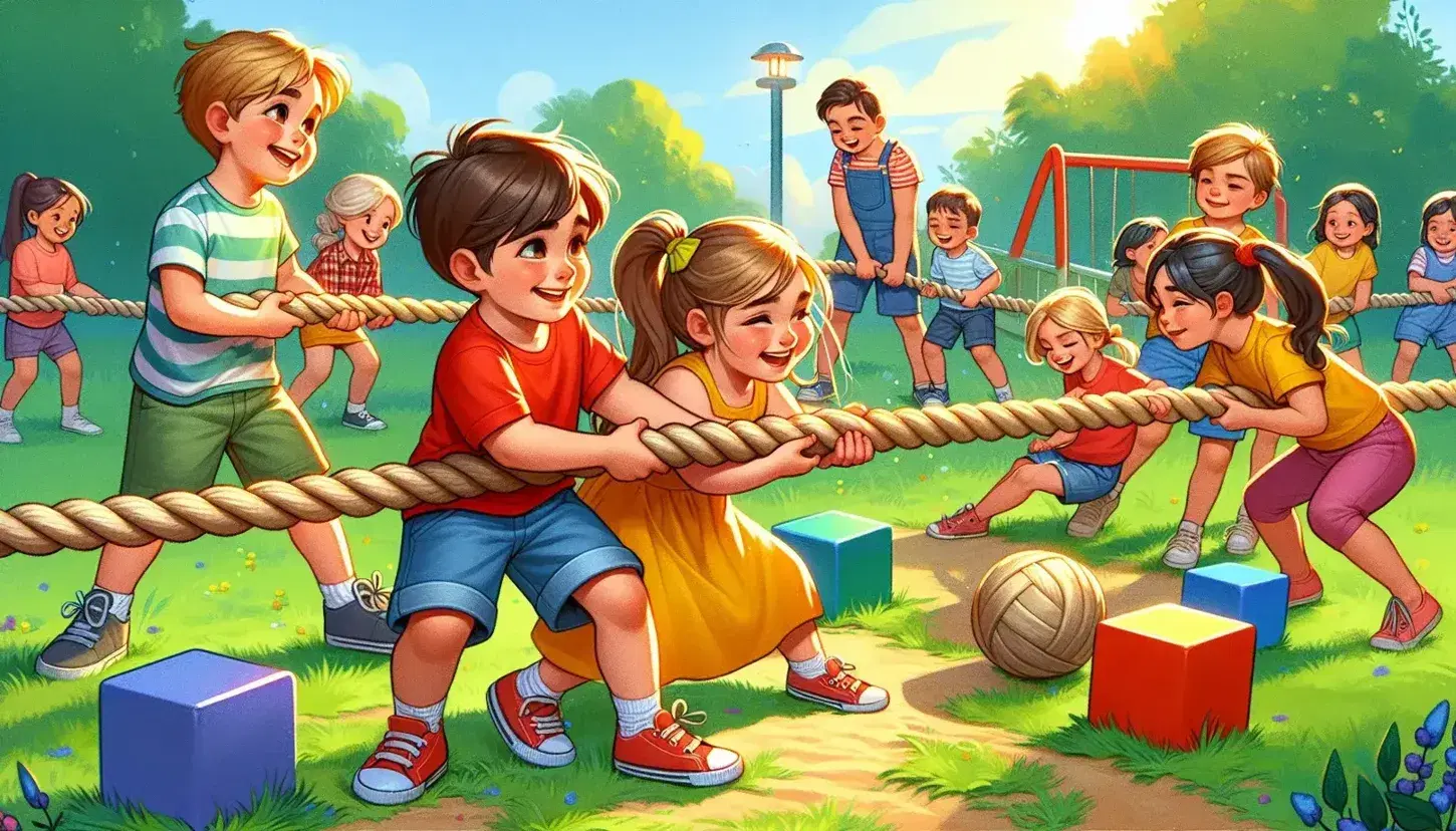 Niños jugando en parque al aire libre, dos en juego de cuerda y otros construyendo con bloques y compartiendo pelota en día soleado.