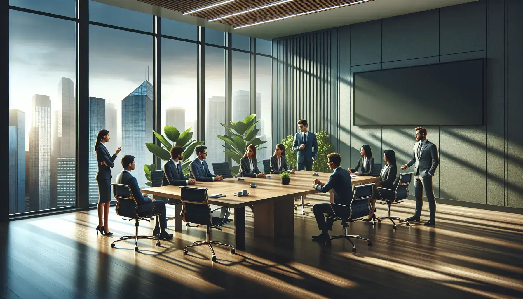 Multiracial team of professionals engaged in a meeting around a reflective wooden table in a well-lit corporate office with urban views.