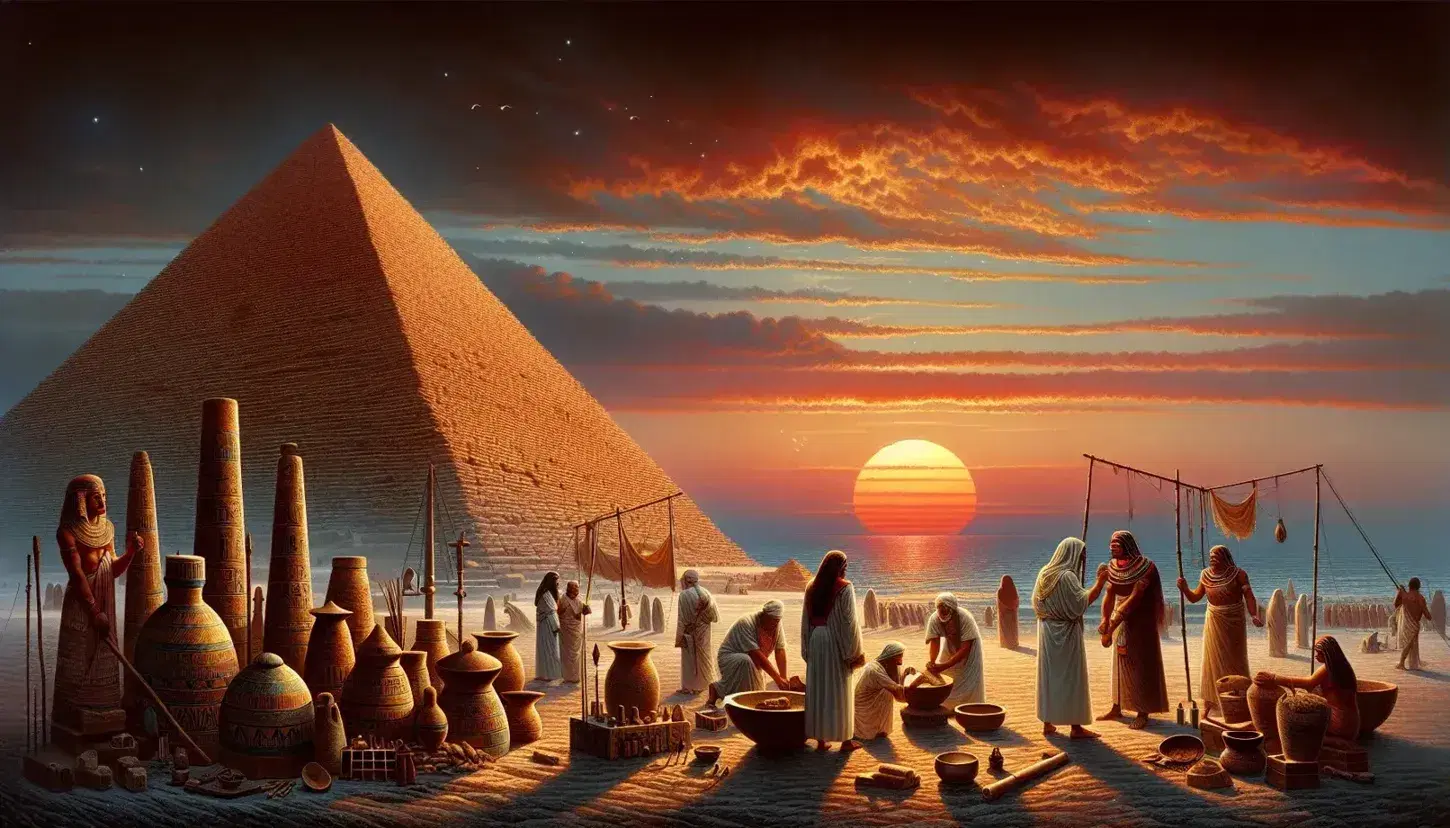 Tramonto sul Nilo con piramide egizia, figure in abiti tradizionali e tavolo con strumenti medici, riflesso dell'acqua.