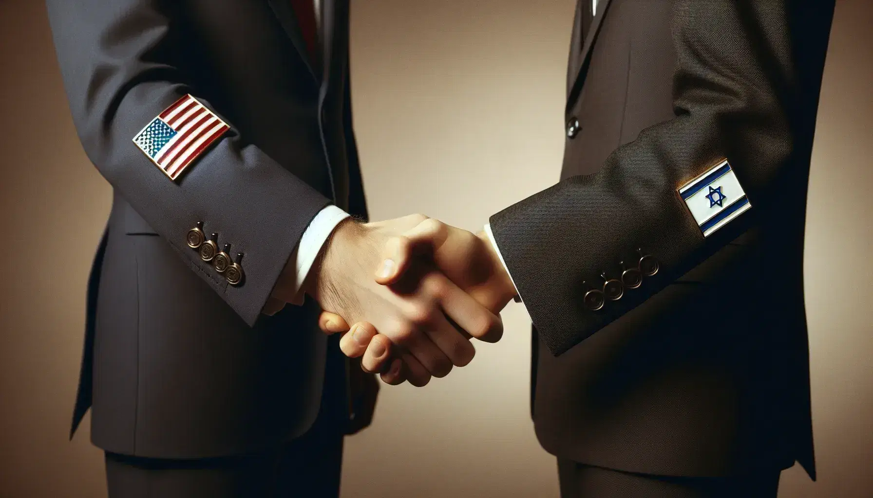 Handshake between two professionals with US and Israeli flag lapel pins, symbolizing diplomatic cooperation, against a neutral beige background.