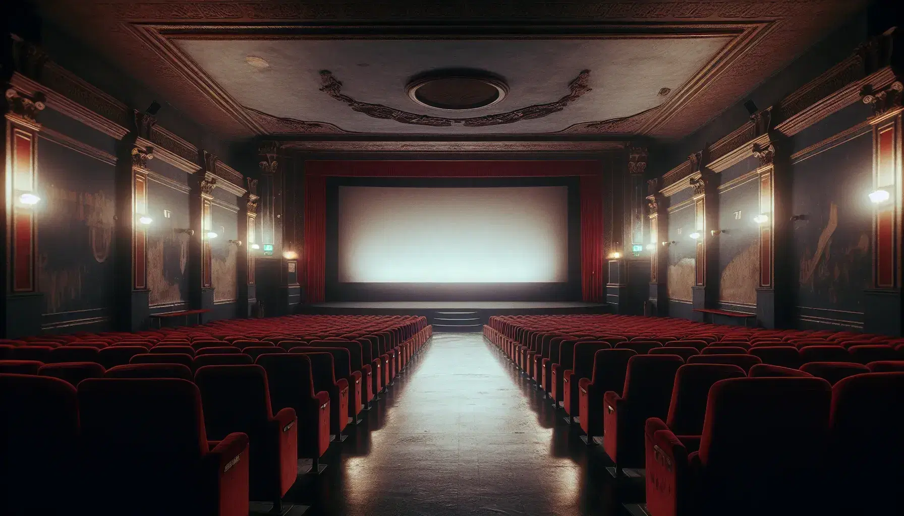 Sala cinematografica anni '70 vuota con sedili in velluto rosso usati, luci vintage laterali e schermo bianco riflesso in un'atmosfera nostalgica.