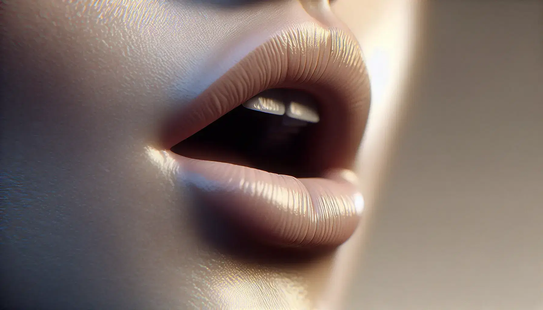 Close-up view of a human mouth slightly open with teeth visible, indicating the start of speech or breath, set against a blurred background.