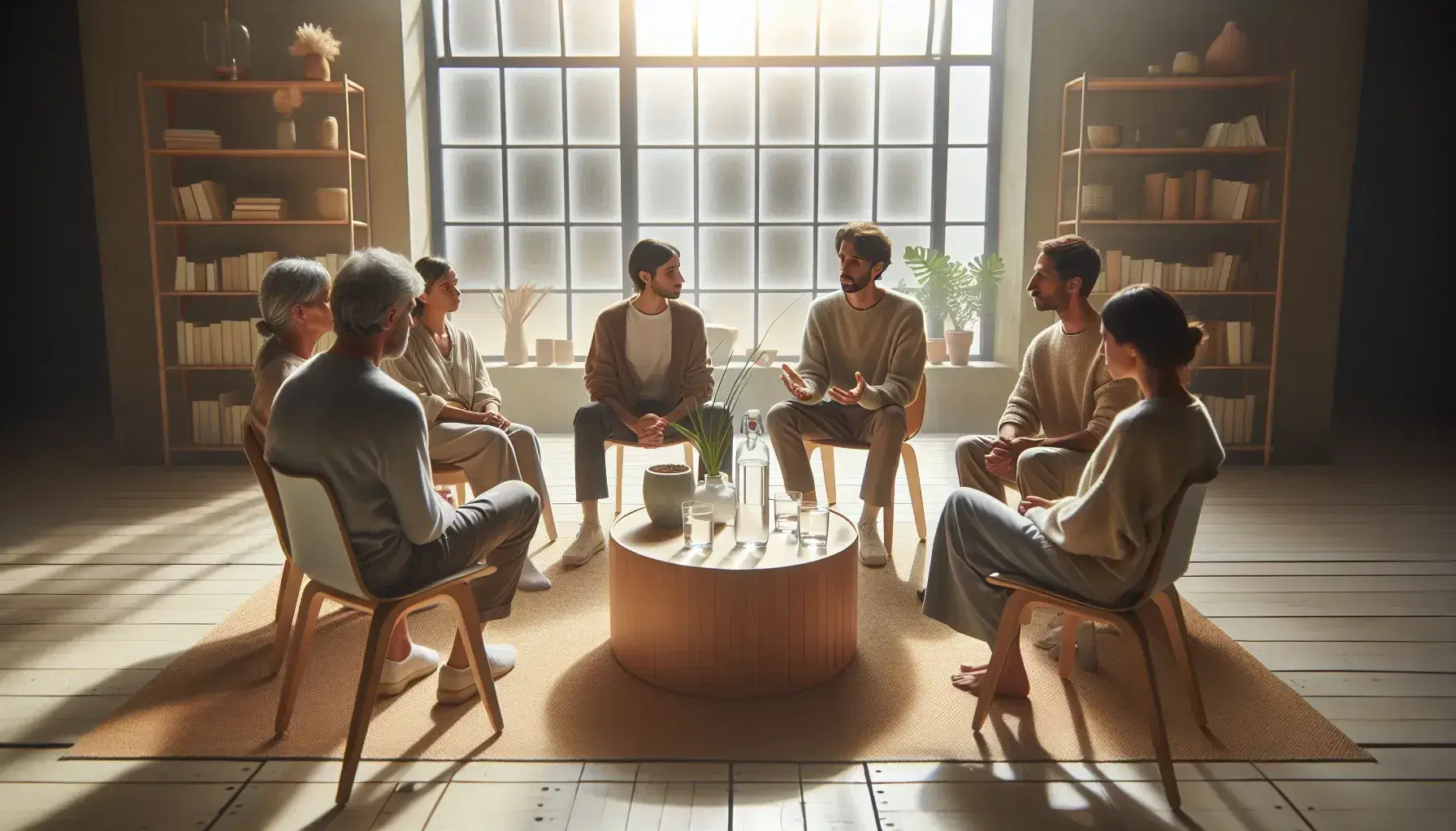 Grupo de cinco personas en terapia grupal sentadas en círculo en una sala iluminada naturalmente, con una mesa central y decoración minimalista.