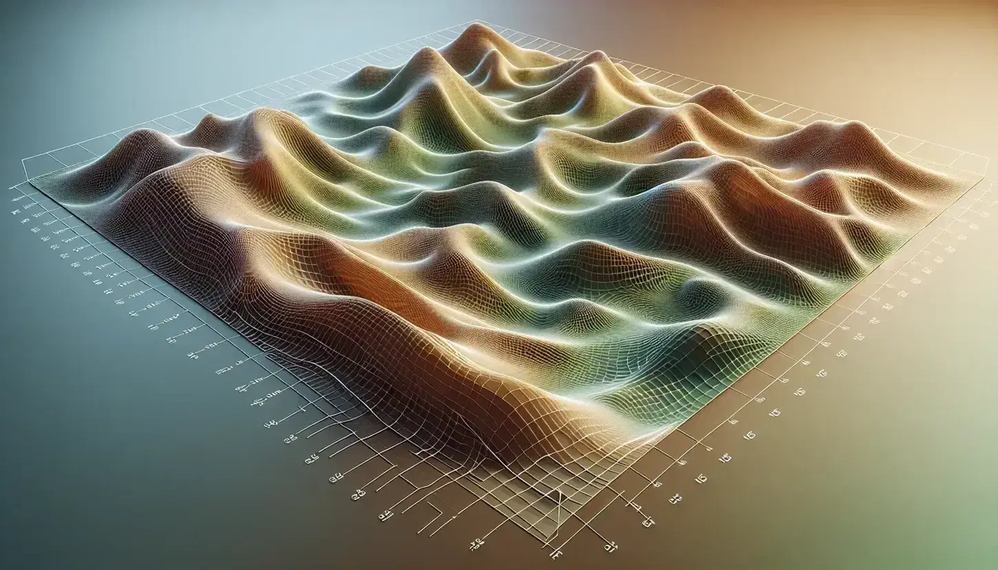 Three-dimensional landscape model with smooth hills and valleys transitioning from brown to green, overlaid by a contour-conforming transparent grid against a soft blue to white gradient sky.