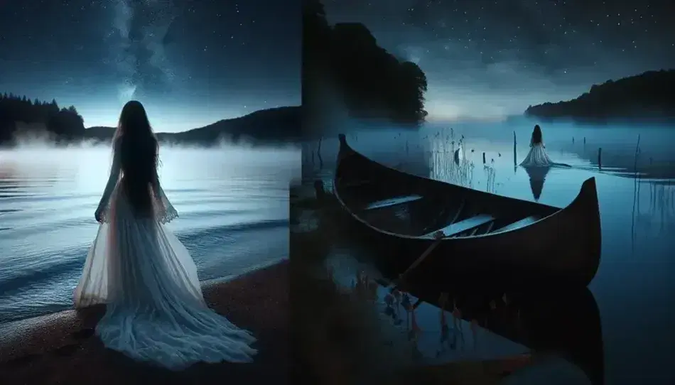 Escena nocturna en la orilla con mujer en vestido blanco mirando el horizonte sobre un lago reflejando la luz de la luna, junto a un canoa de madera.