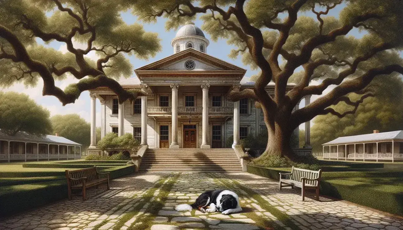 Weathered wooden courthouse with white columns, central dome, and two wings under a clear blue sky, with a sprawling oak tree and a resting dog on a bench.