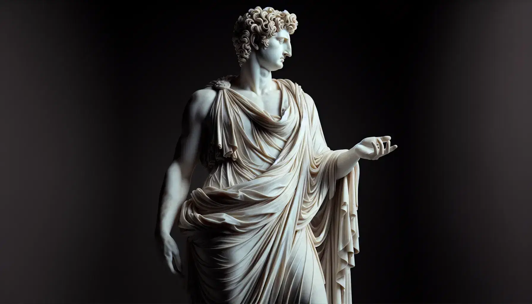 Statua in marmo bianco di figura storica con toga, capelli ondulati e barba corta, mano sinistra con rotolo e destra alzata su piedistallo.