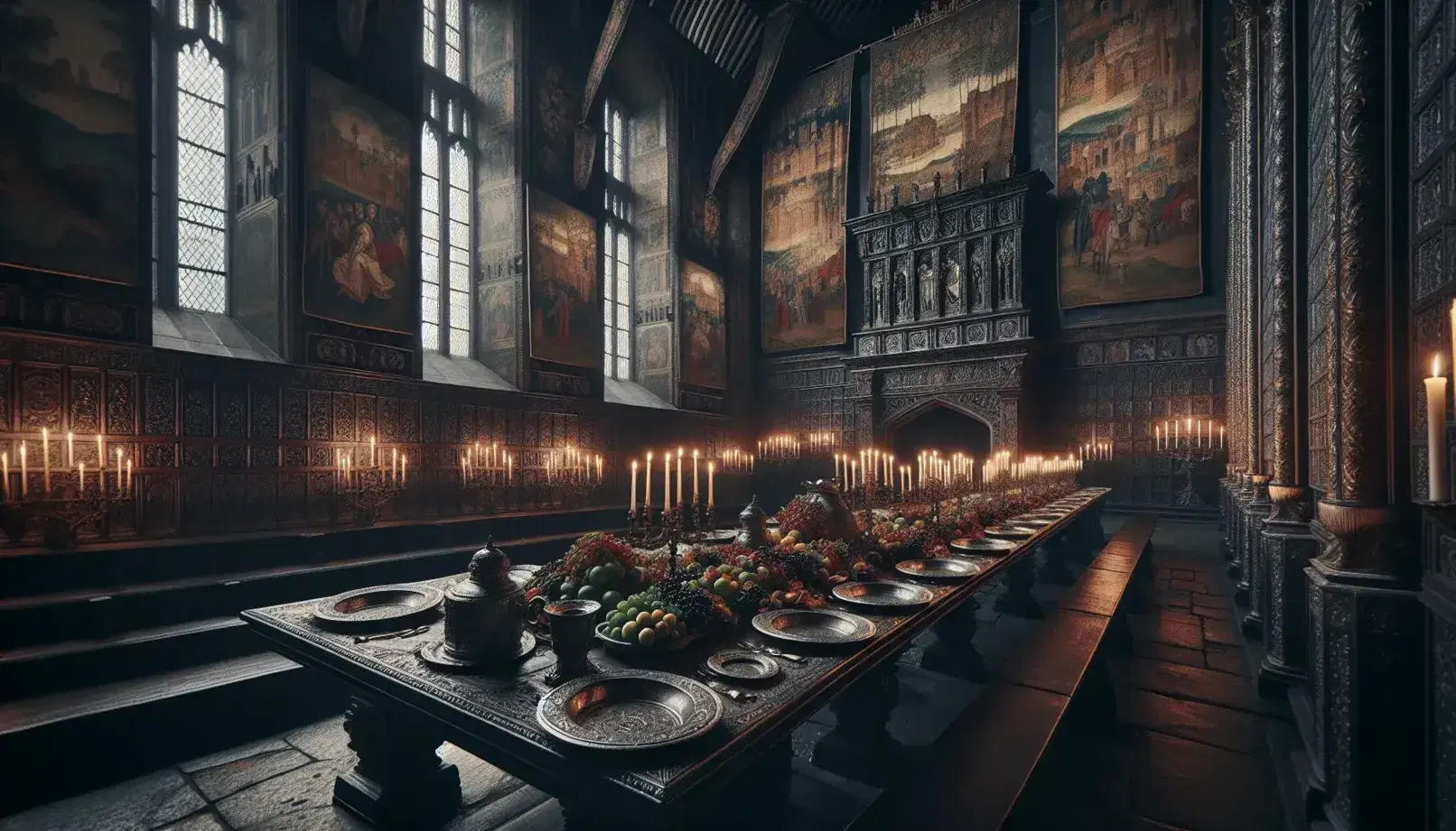 Jacobean banquet hall with ornate oak table set with pewter plates, goblets, and lavish food, tapestries on walls, and grand fireplace.