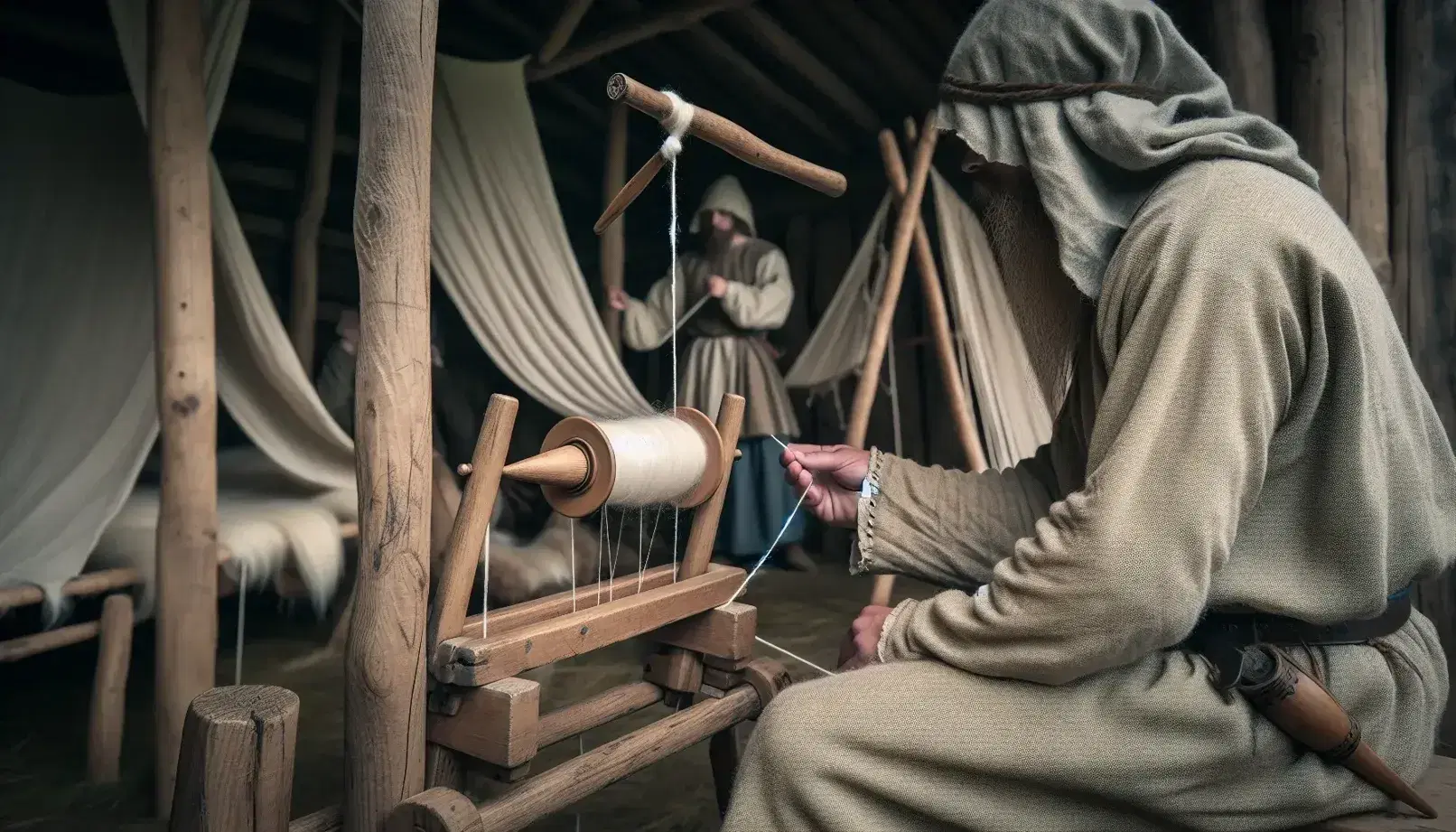 Viking Age textile production reenactment with a person spinning yarn on a drop spindle, another weaving on a wooden loom, and a third shearing a sheep.