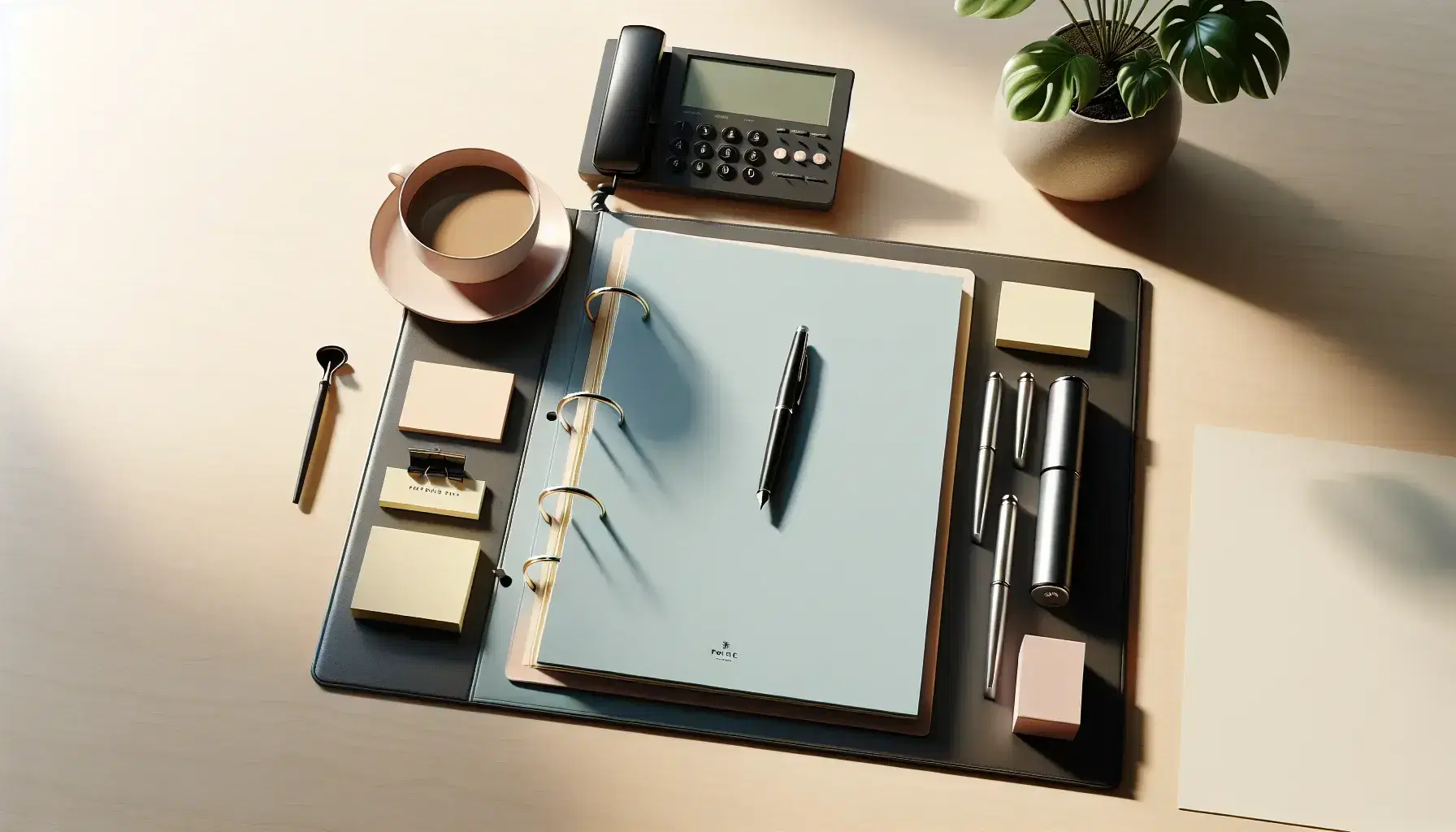 Escritorio de oficina de madera clara con carpeta azul abierta, bolígrafo negro, bloc de notas amarillo, teléfono fijo moderno y planta pequeña, con taza de café parcialmente visible.