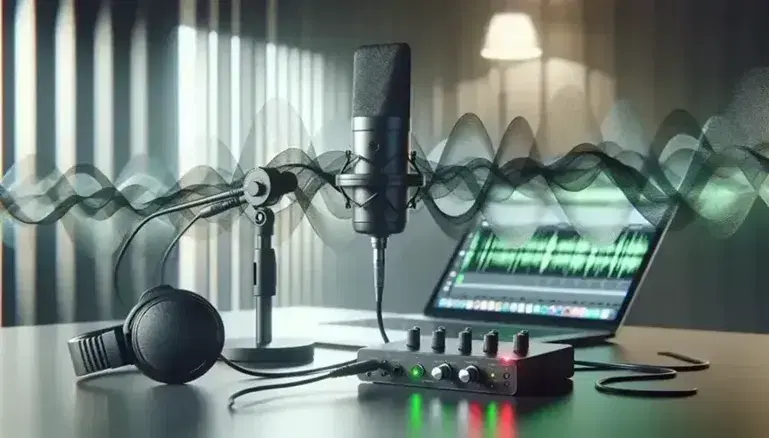 Microfono nero su stand regolabile cattura onde sonore, con laptop argento, interfaccia audio e cuffie in ambiente interno sfocato.