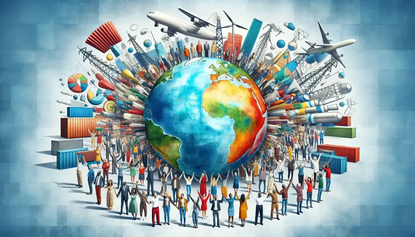 Globo terráqueo sostenido por personas diversas simbolizando unidad global, con contenedor de carga y antenas de telecomunicaciones, avión en cielo despejado.