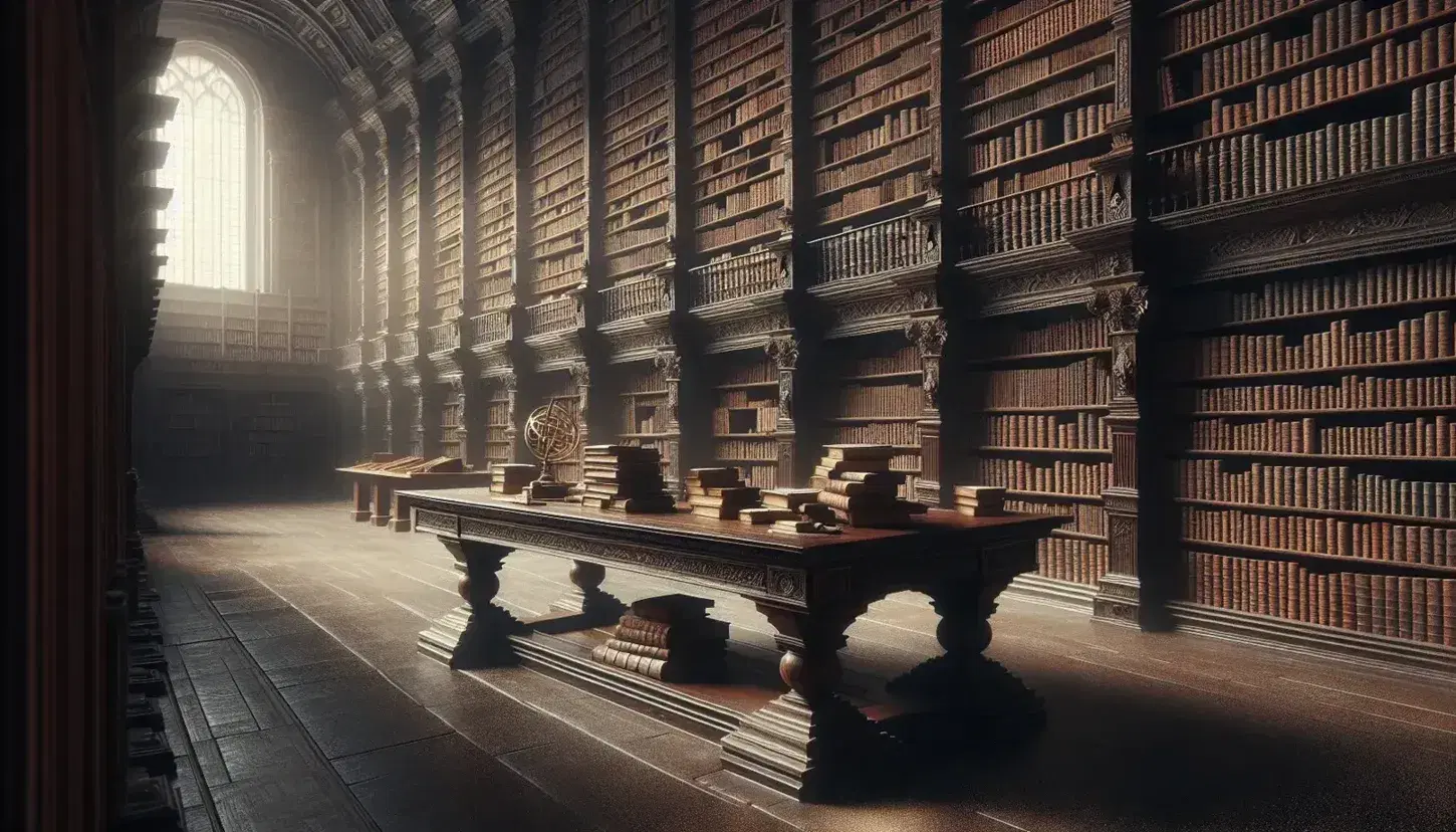 Biblioteca antica con scaffali in legno scuro pieni di libri polverosi, tavolo centrale con libri e sfera armillare, luce soffusa da finestra.