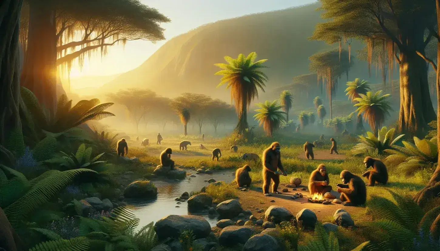 Prehistoric landscape at sunset with hominids around a stone tool making area, river, ferns, cycads and distant mountains.