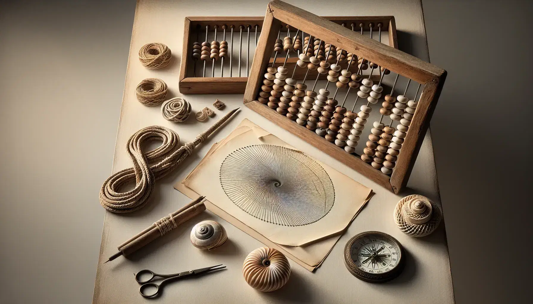 Ábaco antiguo de madera con cuentas marrones, compás metálico abierto, cuerda anudada formando figuras geométricas, concha espiralada y papel con espiral dibujada, sobre superficie de madera clara.