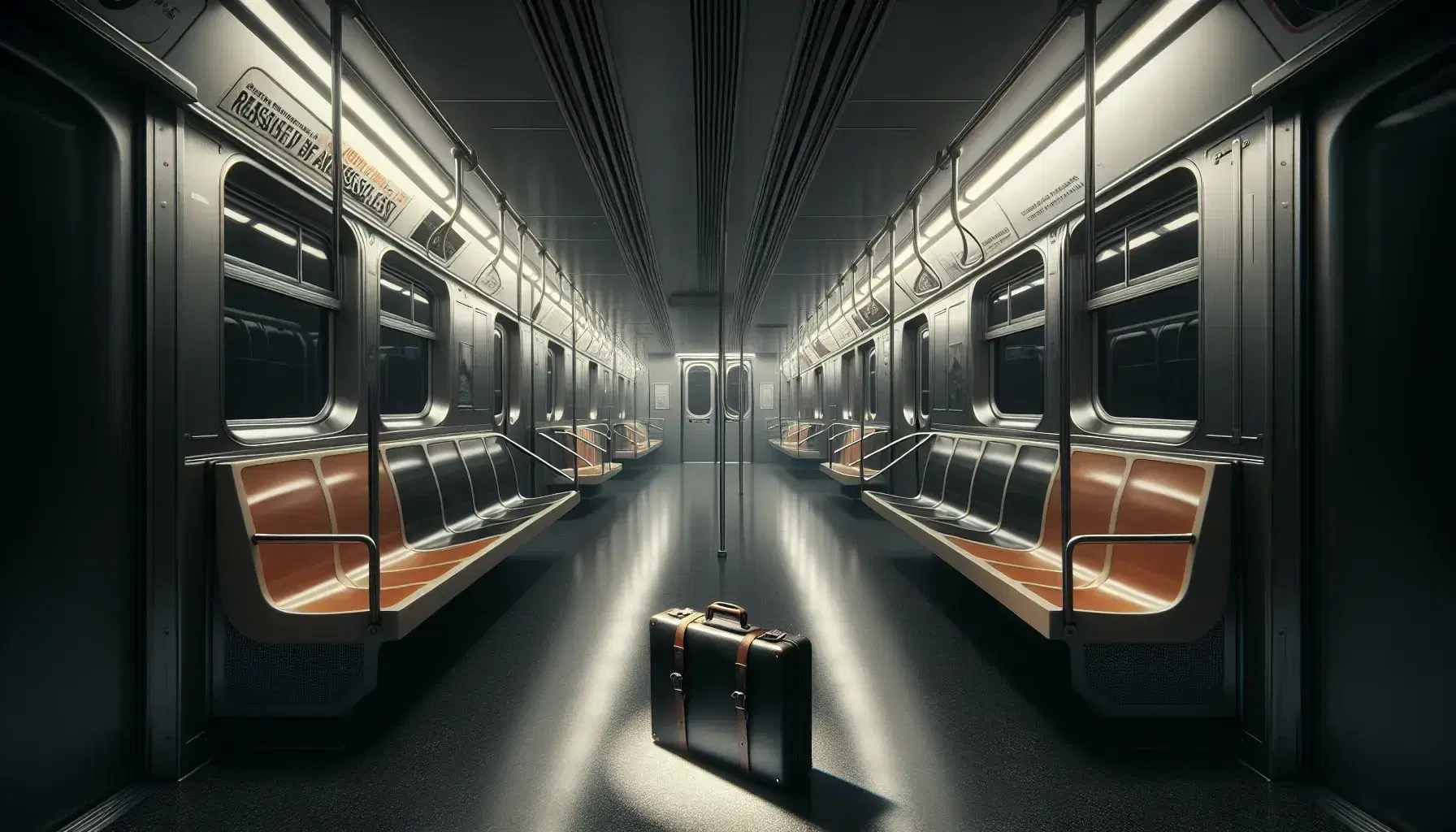 Empty subway car interior with bright lights, orange seats facing each other, and a lone black leather briefcase on a seat, evoking a sense of solitude.