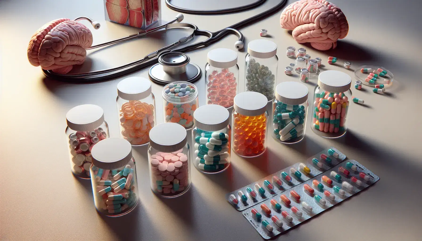 Frascos de vidrio con tapas blancas conteniendo píldoras de colores y formas variadas, un estetoscopio negro y un modelo anatómico del cerebro humano en una superficie clara.