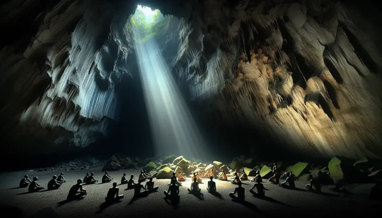 Cueva espaciosa con luz natural filtrándose por una abertura superior, iluminando figuras humanas sentadas y una de pie explorando.