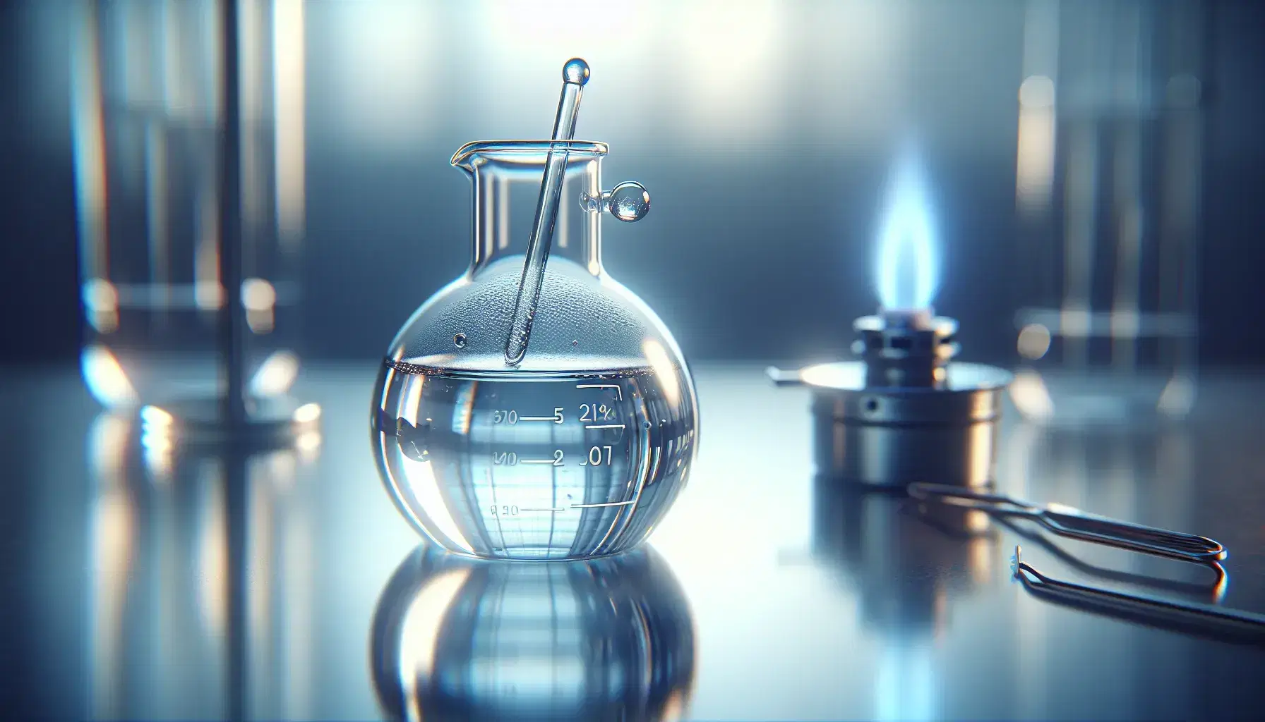 Glass flask on reflective surface with colorless liquid and hanging glass rod, next to lit Bunsen burner in defocused laboratory.