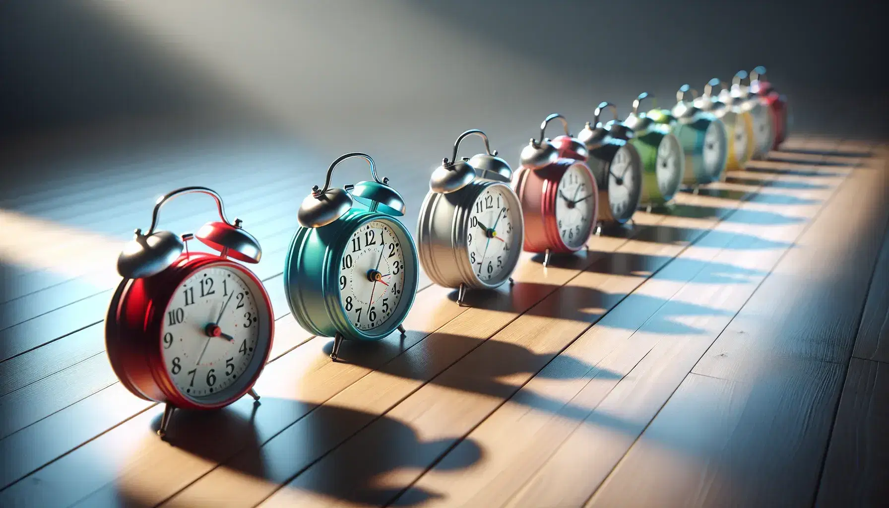 Relojes despertadores clásicos con campanas en fila sobre superficie de madera, mostrando diferentes horas y variados colores como rojo, azul, verde, amarillo y blanco.