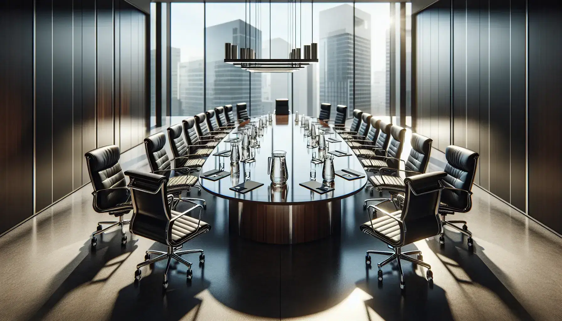 Modern boardroom with oval wooden table, black leather chairs, digital tablets, glass water pitchers, and a city skyline view through floor-to-ceiling windows.
