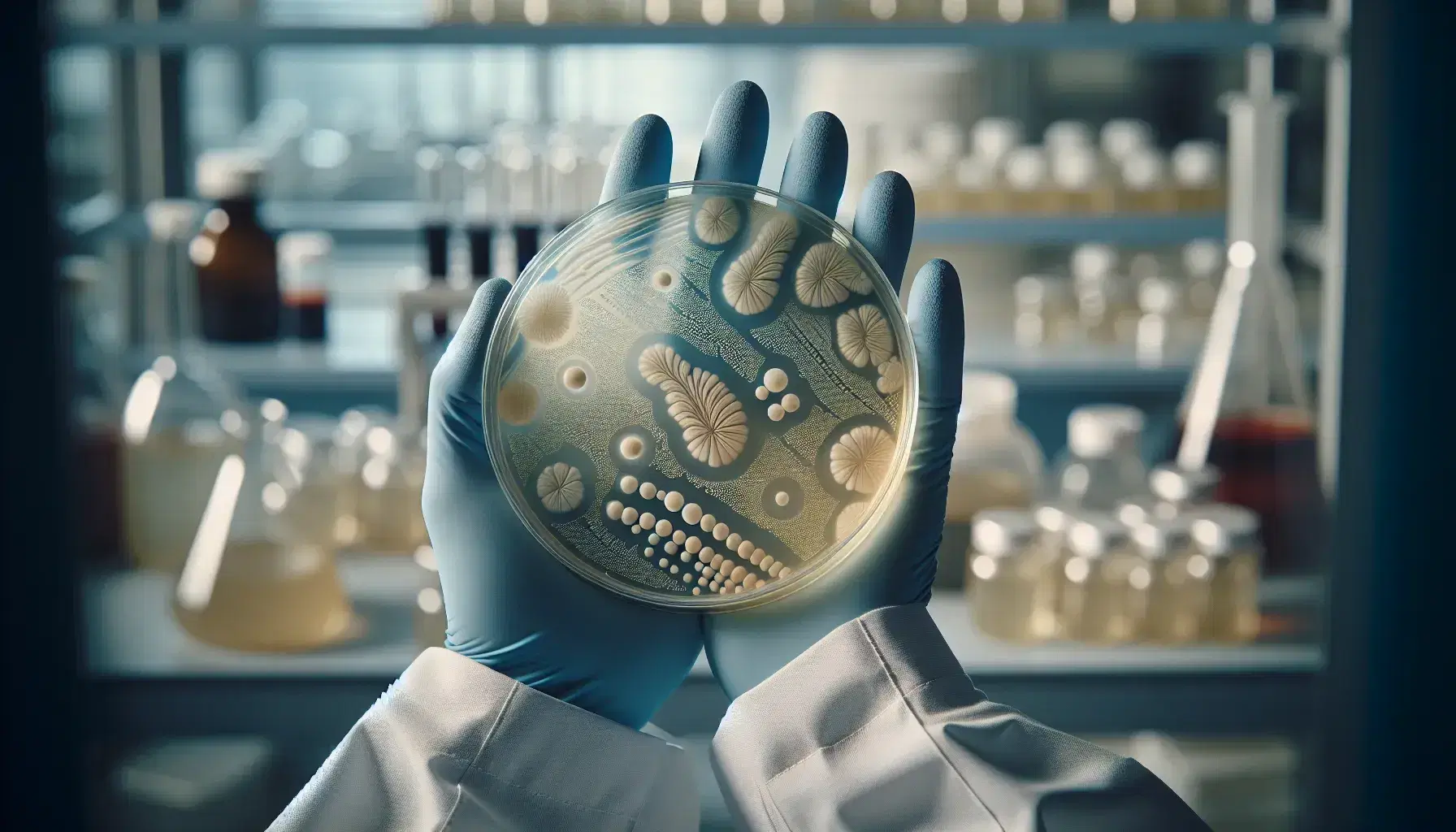 Close-up view of bacterial colonies in a petri dish held by blue-gloved hands in a laboratory setting, with varied colors and shapes on agar.