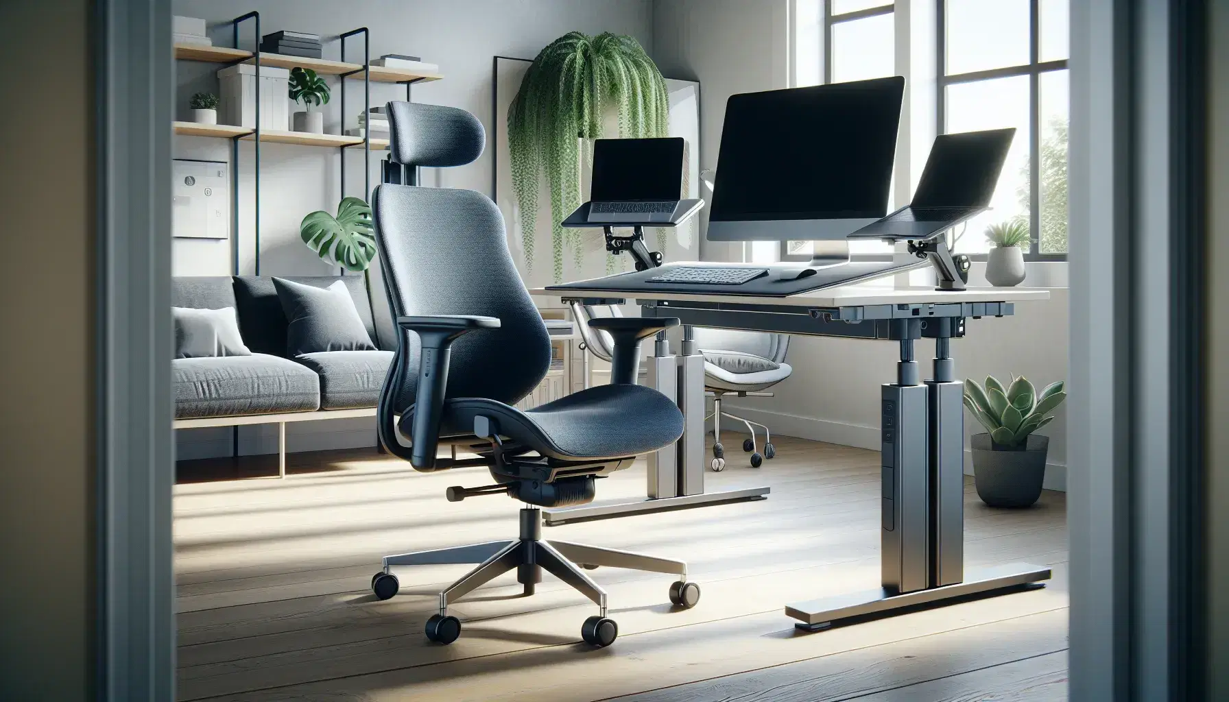 Oficina moderna y luminosa con silla ergonómica azul oscuro, escritorio ajustable, monitor en soporte, teclado ergonómico y planta verde, iluminada por luz natural.
