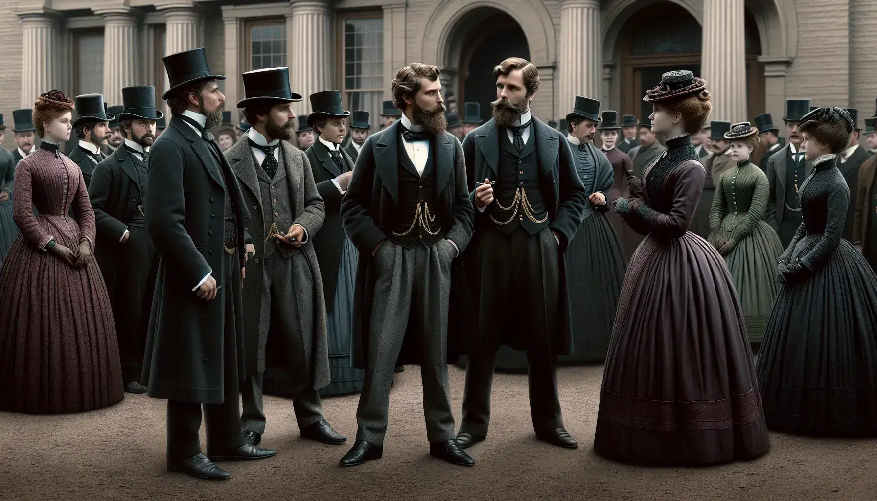 Late 19th-century scene with three men in vintage attire discussing seriously, surrounded by elegantly dressed people near a stately building with columns.