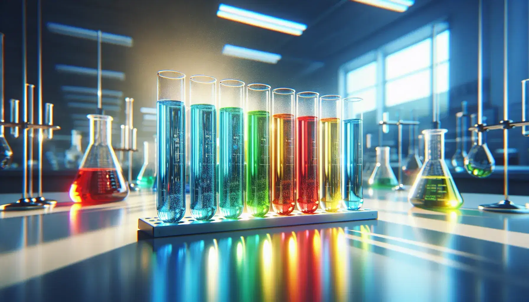 Provette in vetro con soluzioni colorate in blu, verde, rosso, giallo e viola su supporto metallico in laboratorio scientifico.