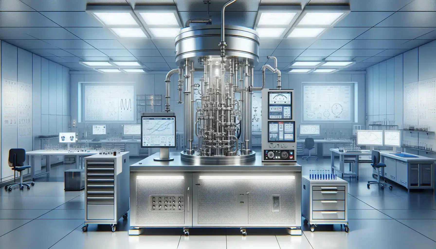 Laboratorio scientifico moderno con macchina termica in argento, tubi metallici, dispositivi di misurazione, strumenti di precisione e illuminazione a LED.