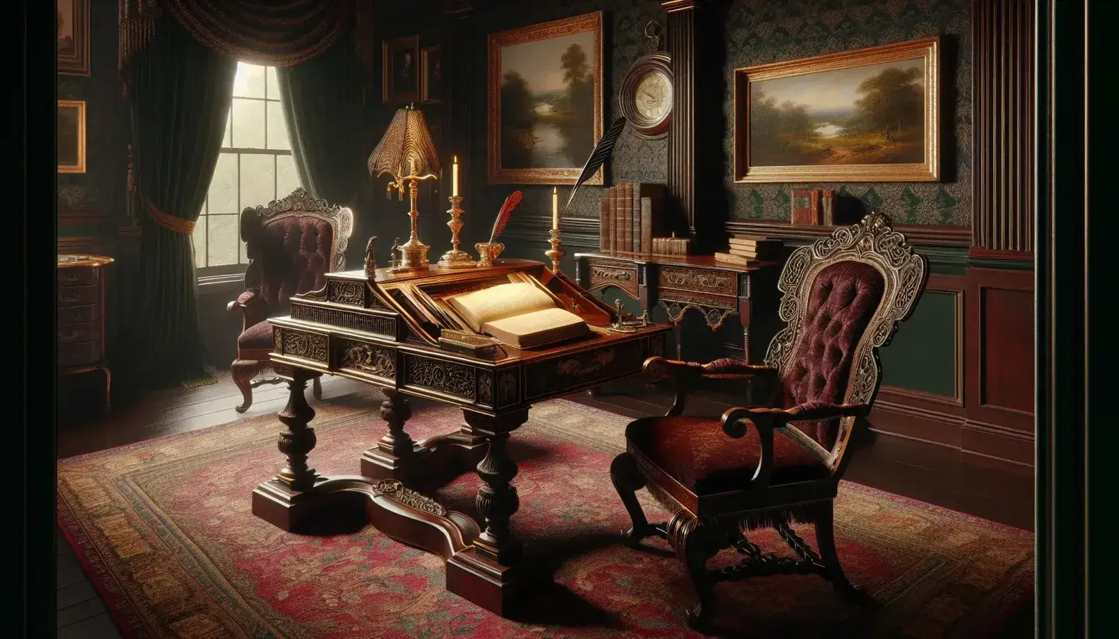 Late 19th-century Gilded Age drawing room with ornate wooden desk, red upholstered chairs, open book with quill, and gold pocket watch.