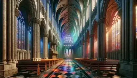 Gothic cathedral interior with towering pointed arches, ribbed vault ceiling, colorful stained glass windows, and rows of wooden pews leading to a stone altar.