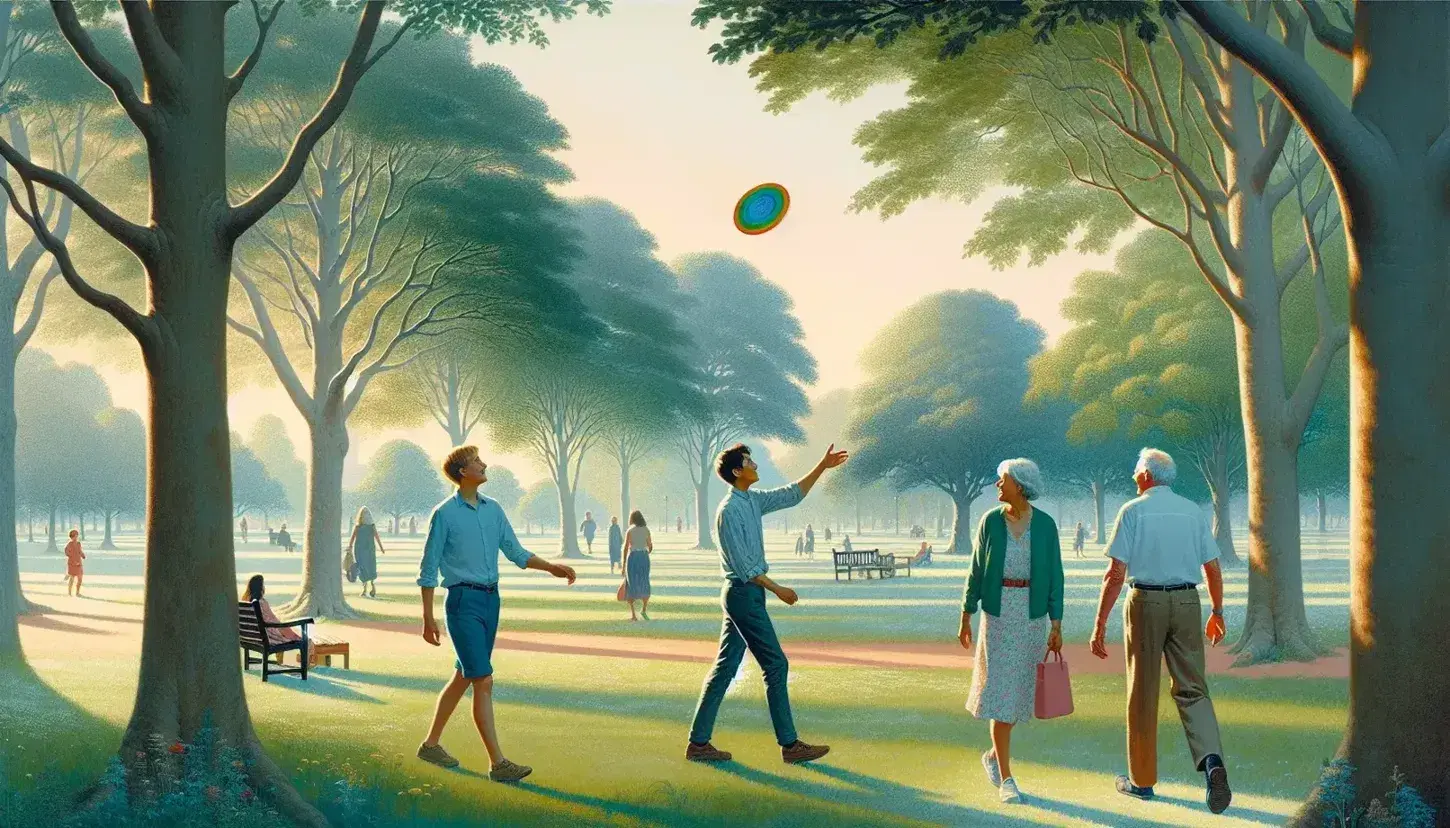 Tre persone di diverse età passeggiano in un parco alberato al tramonto, una lancia un frisbee colorato, atmosfera serena.