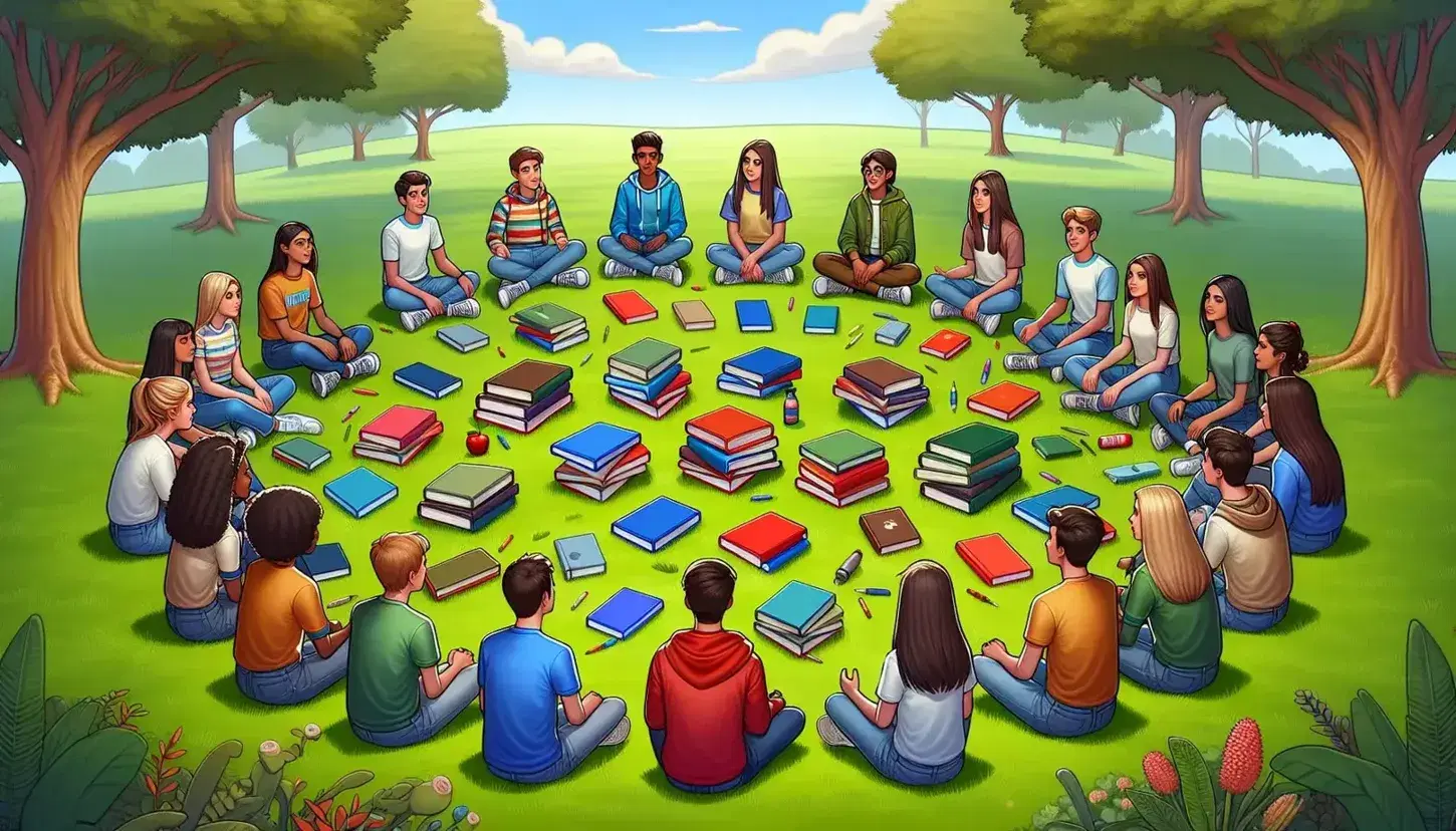 Grupo diverso de adolescentes sentados en círculo en un parque con libros de texto en el centro, conversando en un día despejado.