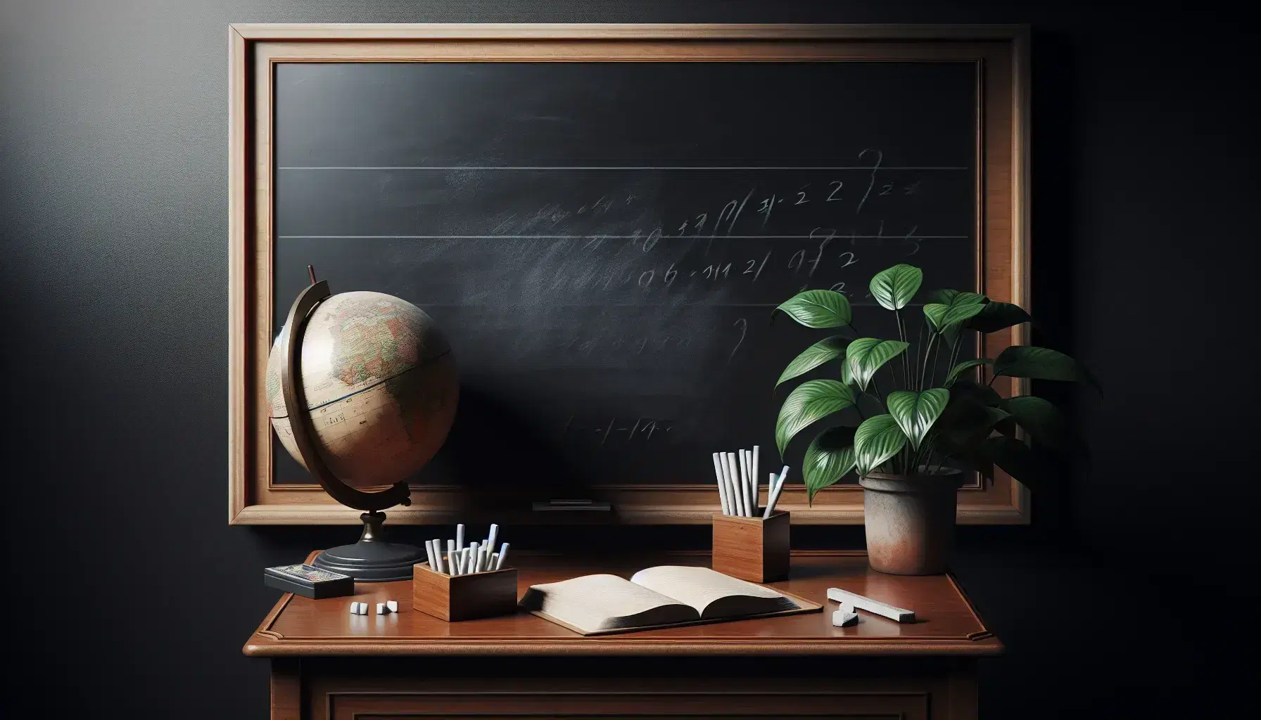 Traditional classroom with a central black chalkboard, wooden teacher's desk, a globe, and a potted plant, with student desks in the background.