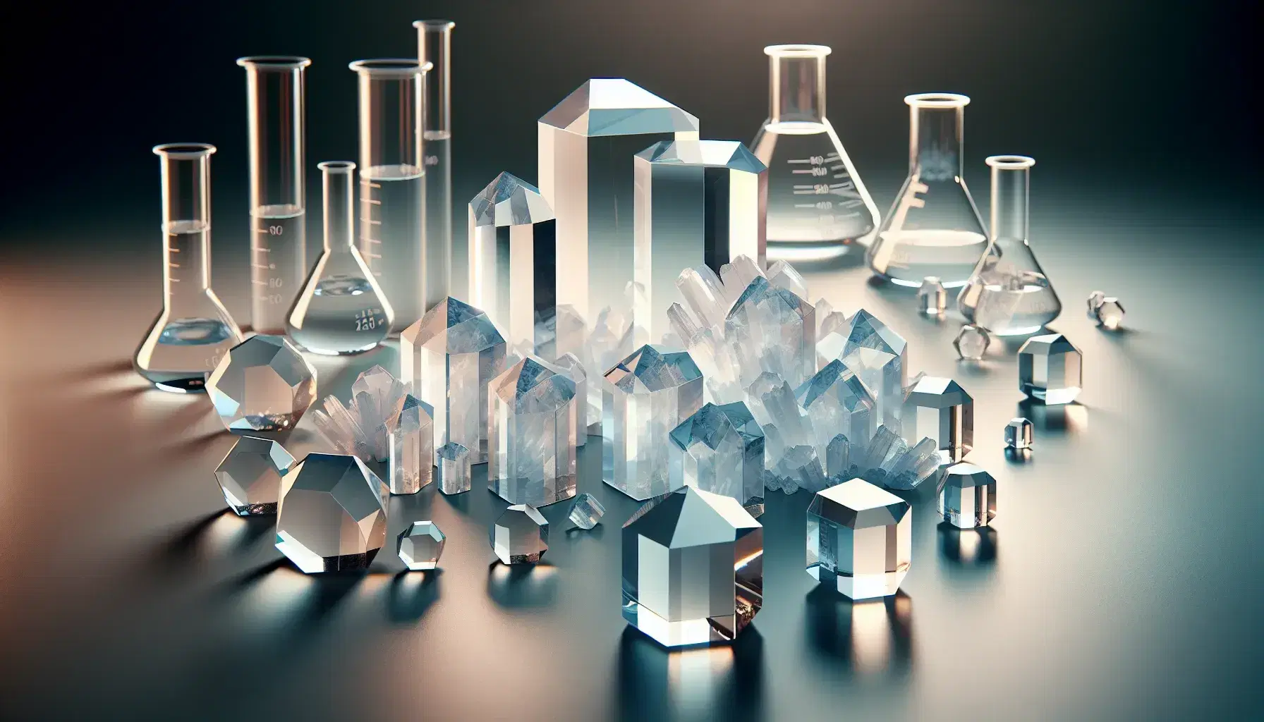 Cristales transparentes geométricos en superficie neutra con reflejos de luz y utensilios de laboratorio desenfocados al fondo.