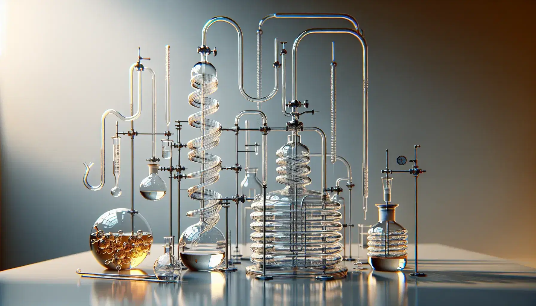 Apparecchiatura di laboratorio in vetro per distillazione frazionata con colonna, pallone e condensatore, senza scritte visibili.