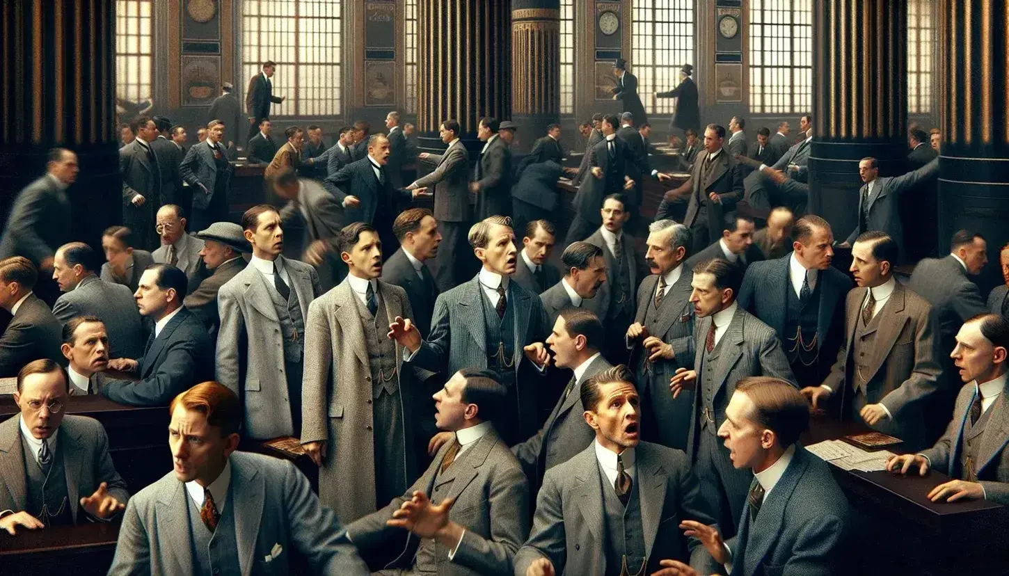 Men in period clothing bustle in a 1920s stock trading room, expressing urgency and stress.