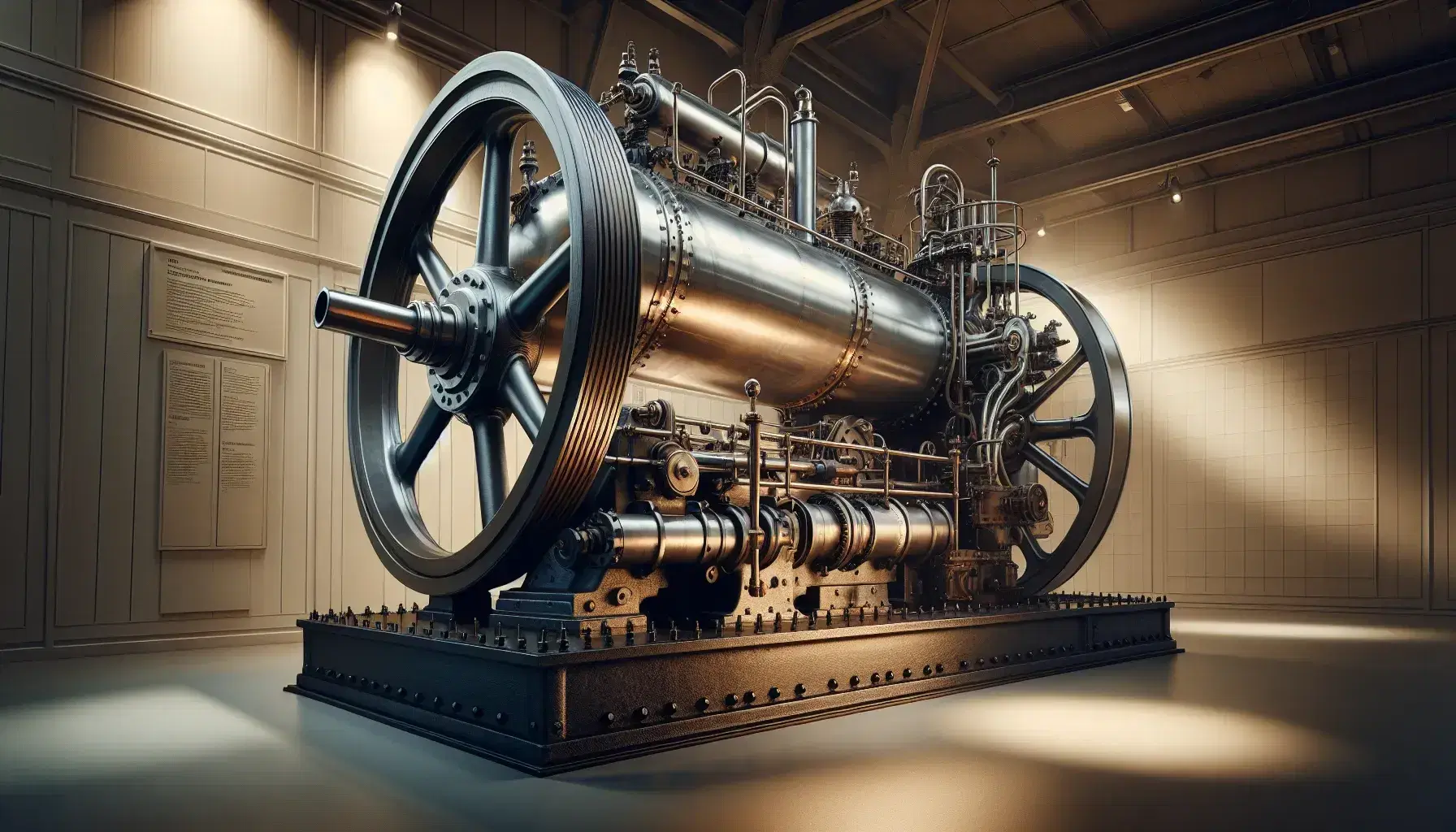 Máquina de vapor estacionaria de la era industrial con cilindro metálico, tuberías y rueda de paletas en base de hierro fundido, expuesta en museo con iluminación suave.