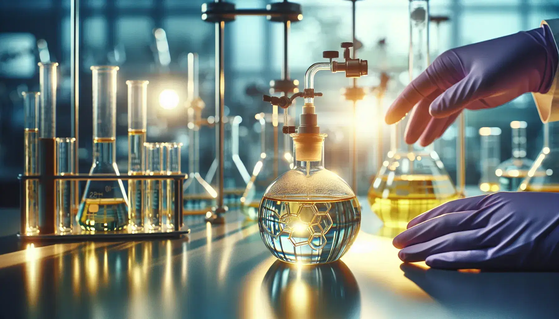 Laboratory with round bottom flask containing yellowish liquid for synthesis of furan derivative, connected to reflux condenser, hands in purple gloves.