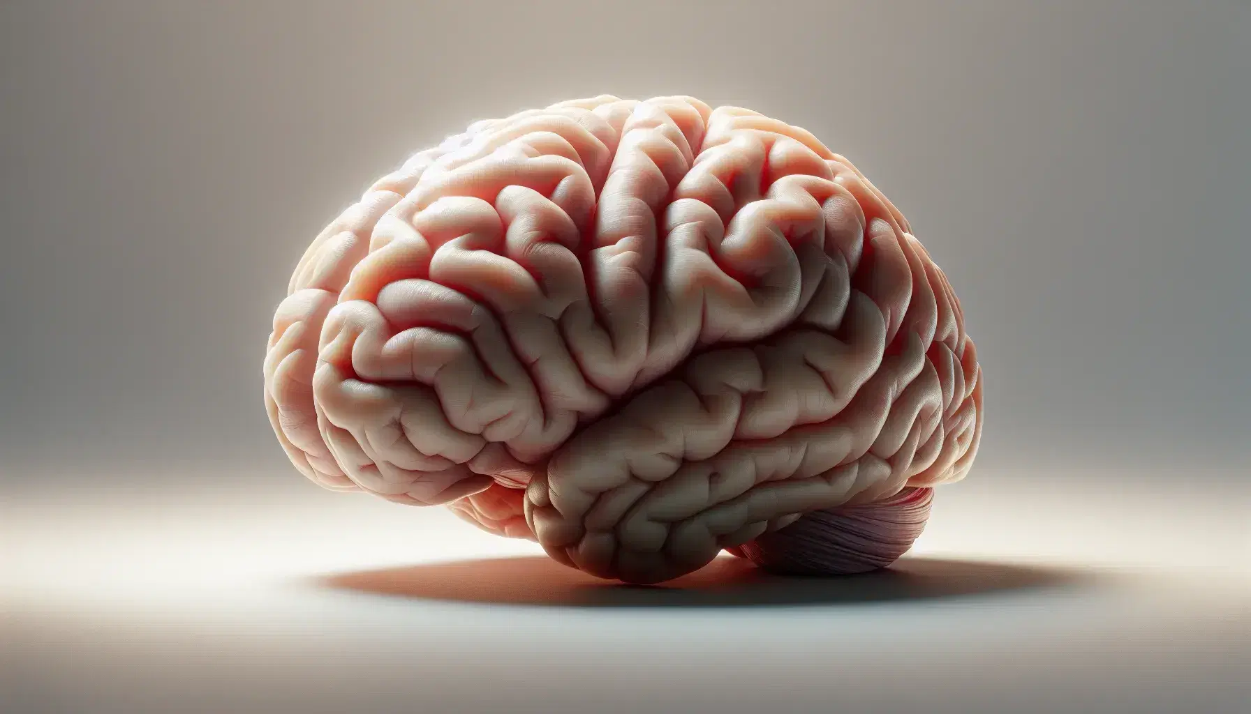 Cerebro humano tridimensional en primer plano con iluminación suave que resalta sus surcos y giros sobre fondo neutro.