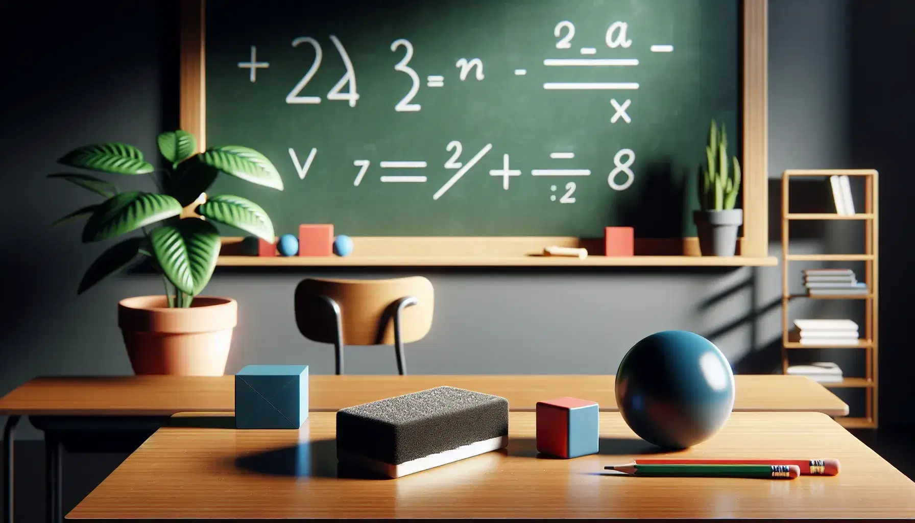 Classroom with a desk featuring a blackboard eraser and geometric shapes—a blue sphere, red cube, green cylinder—beside a clean chalkboard and potted plant.